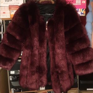 Fur Faux Coat Deep Burgundy Maroon NWT